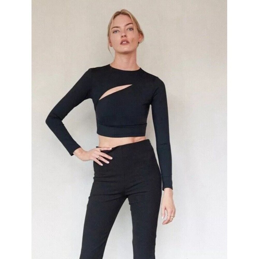 ALC Bandier Top Womens XXL Black Cut Out Crop Top Long Sleeve Workout Athleisure